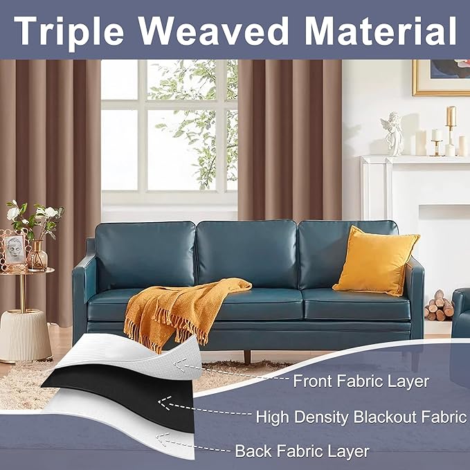 JIUZHEN Blackout Curtains for Bedroom - Thermal Insulated Room Darkening Rod Pocket Curtains for Living Room, Set of 2 Panels with Tiebacks, 38 x 84 Inch Length, Cappuccino