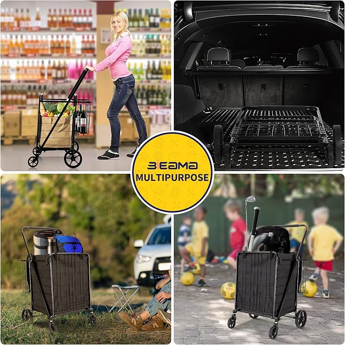 Folding Shopping Cart with Waterproof Liner, Grocery Cart Large Bag with Top Cover, 400 Lb Capacity, Utility Cart with 360° Rolling Swivel Wheels, Extra Large & Extra Basket