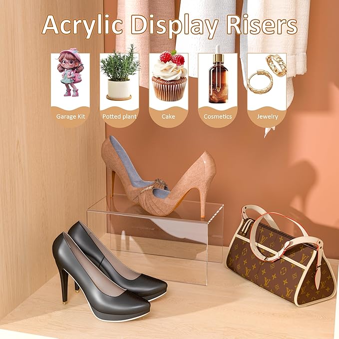 Acrylic Shelf Riser 12x5.9x6 pack of 2, Large Acrylic Risers for Desserts, Cupcake, Toys, Collectibles, Merchandises, 12x5.9x6 Inch