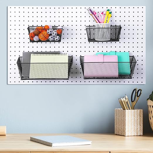 Sieral 4 Pcs Black Pegboard Baskets Metal Wire Shelf Baskets Peg Board Organizer Accessories Wall Mount Organizer Attachments for Garage Workbench Various Tool Accessories, 2 Sizes