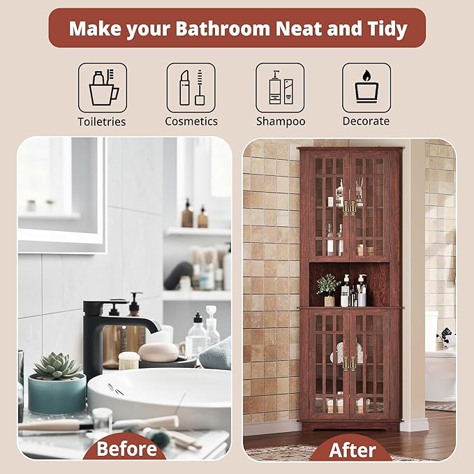 IRONCK Corner Cabinet, 71" H Tall Corner Storage Cabinet with 4 Glass Doors and 5 Shelves, Home Space Saver for Bathroom, Living Room, Mid Century Design, Red Walnut