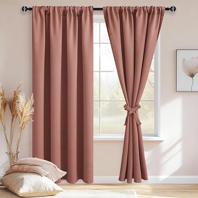 JIUZHEN Blackout Curtains for Bedroom– Thermal Insulated,Noise Reducing Room Darkening Privacy Drapes for Living Room, Set of 2 Panels with Tiebacks, 42 x 84 inch Long, Dusty Rose