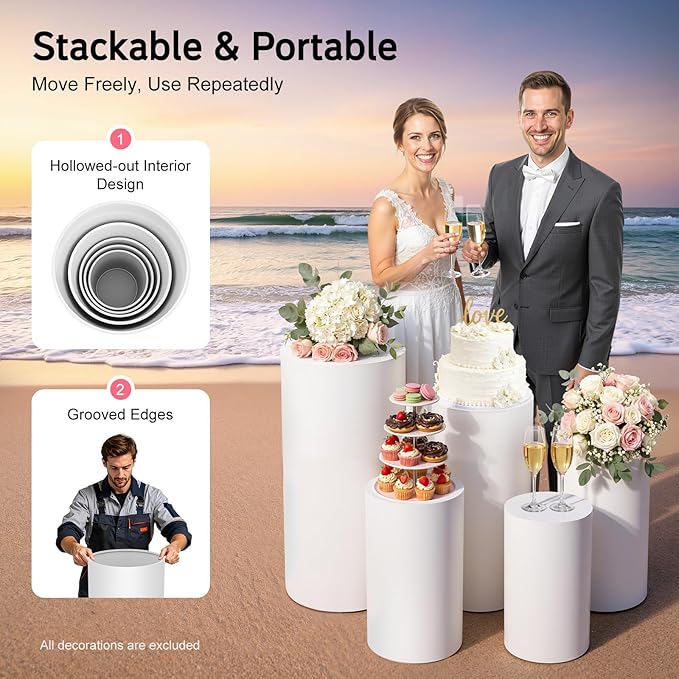 Cylinder Stands for Party, 5Pcs Round Pedestal Stand, Foldable White Round Large Columns Tables, Plinth Pillars for Parties Baby Shower Birthday Wedding Display Decoration Ceremony Art Decor
