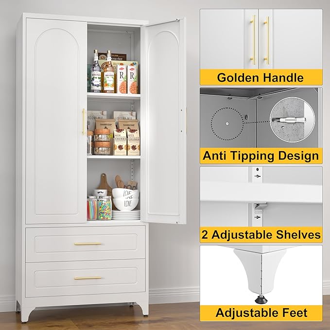 75" Kitchen Pantry Cabinet,Metal Storage Cabinets with 2 Drawers,Pantry Cabinet with Doors and Shelves,White Tall Storage Cupboard for Living Room, Dining Room Office
