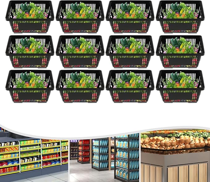 12PCS Shopping Baskets with Handles, Black Plastic Shopping Basket Set, 21L Portable Grocery Baskets with Handles, Grocery Shopping Basket Set for Stores, Supermarket, Retail,Shopping Carrying