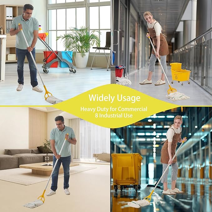 Commercial Heavy Duty Industrial Mop with Long Handle,59" Looped-End String Wet Cotton Mops for Floor Cleaning, Including Three mop Head Replacement