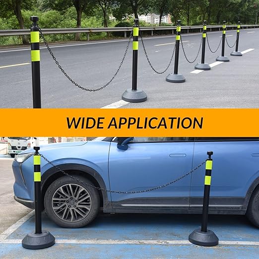 6 Pack 40 Inch Traffic Delineator Posts with Fillable Base and 6.6FT Plastic Chain, Safety Delineator Post Cones with 2 Green Reflective Stripes for Construction Work (Black)