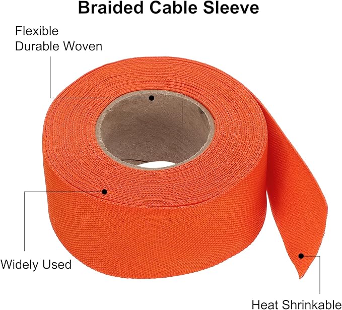 MECCANIXITY Braided Cable Sleeves Heat Shrinkable Fabric Sleeving, 1 3/8" 26ft Orange 2:1 Ratio Heat Shrinkable Cord Protector for Harness Cable, Network Cable Protection, Cable Management