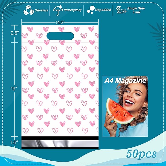 JinRuiKJ Poly Mailers with Handle 14.5x19 Inch 50 Pcs, Easy to Carry Packaging Bags for Small Business, Thank You Shipping Bags with Self Adhesive Strip, Tearproof and Waterproof - Pink Heart