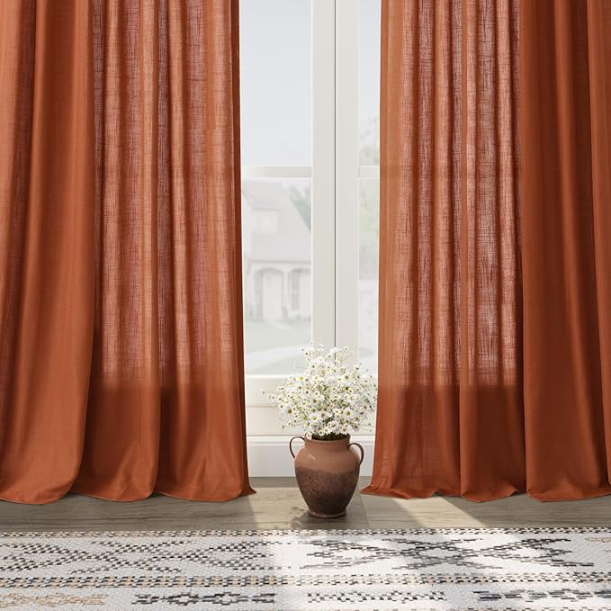 Terracotta Linen Curtains 102 inches Long 2 Panels for Living Room Extra Long Back Tab Semi Sheer Rustic Farmhouse Boho Curtains Ceiling to Floor Length 102 inch for Large Window Rust Colored