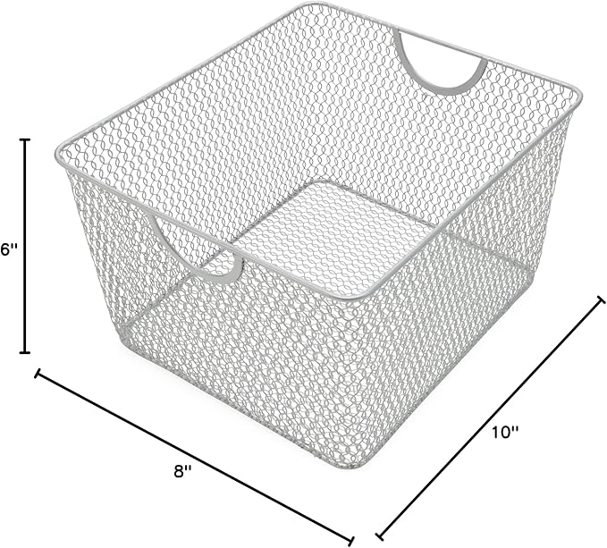YBM Home Mesh Wire Storage Basket for Shelves, Pantry Organization, and Kitchen - Multipurpose Steel Wire Basket Holder Bin for Organizing Office Supplies, Household Toiletries and Laundry Supplies