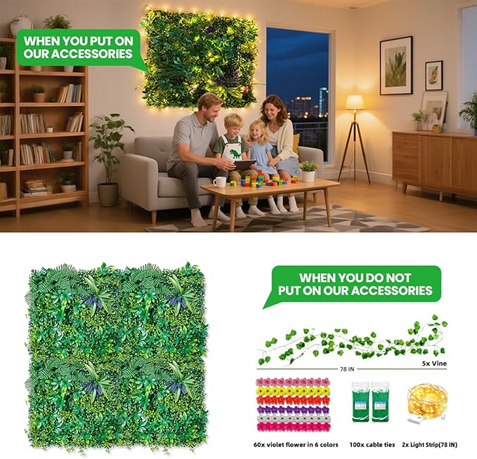 Artificial Grass Wall Panels for Indoor Outdoor, 16 Pack 20"x20" (44.53 Sq.Ft), Boxwood Panels, Greenery Backdrop for Home & Event Decor for Wedding with DIY Vine, Violet Flower, Light Strip