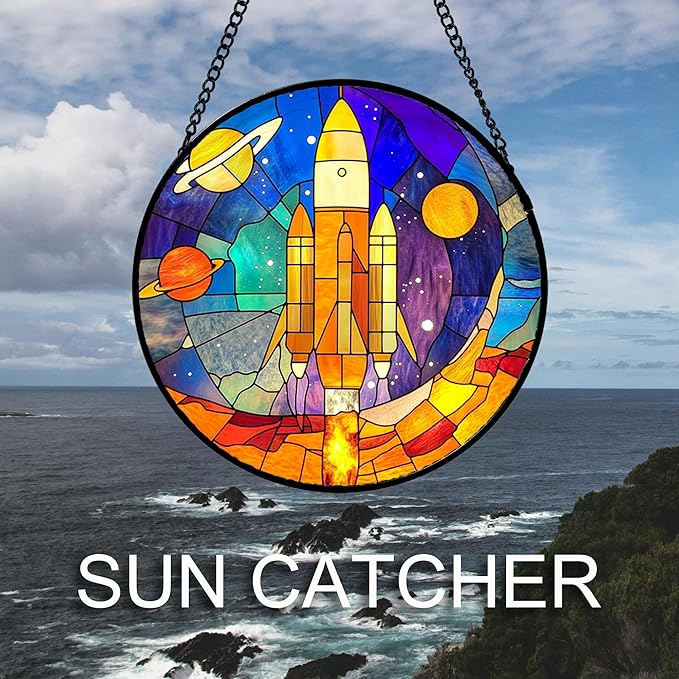 Stained Glass Window Hanging Abstract Universe Planetary Rocket 9.8" - Suncatcher Door Garden Sun Catcher Home Decor Birthday Children's for Men Teenage Boys Kids