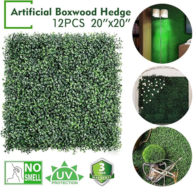 12PCS 20"x20" Artificial Boxwood Panels Topiary Hedge Plant UV Protected Faux Grass Wall Greenery Mats for Outdoor Garden Fence Backyard and Indoor Home Wedding Decoration, Dark Green