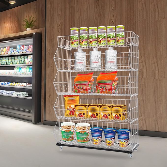 5 Tier Retail Display Rack, Rolling Storage Rack 5 Layers 35.43*16.93*53.54in Metal Display Shelf Fruit Vegetable Snack Basket Storage Supplies for Home Store Market (White, 90*43*136cm)