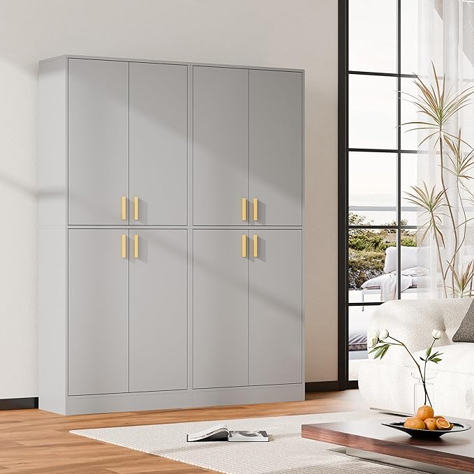 Cozy Castle Kitchen Pantry Cabinet, 71" Tall Wood Storage Cabinet with Doors and Shelves 4 Doors Freestanding Cupboard for Dining Room Living Room Bathroom Furniture, Gray