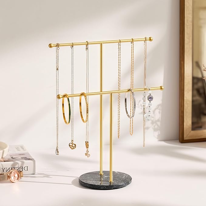 pickpiff Necklace Holder Stand: 2 Tier Jewelry Organizer with Marble Base, Gold Jewelry Tree Display for Bracelets, Rings, Earrings, Gold and Black