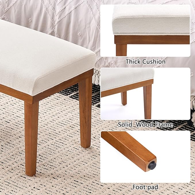 Rowill 53 Inch Long Entryway Bench for Bedroom End of Bed, Dining Room Bench with Upholstered Padded Seat and Solid Wood Leg for Kitchen, Living Room, Indoor and Hallway, Cream