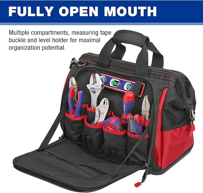 WORKPRO 16" Top Wide Mouth Tool Bag with Water Proof Rubber Base, Multi-Compartment, 46 Pockets, For Tool Organizer & Storage, W081122A