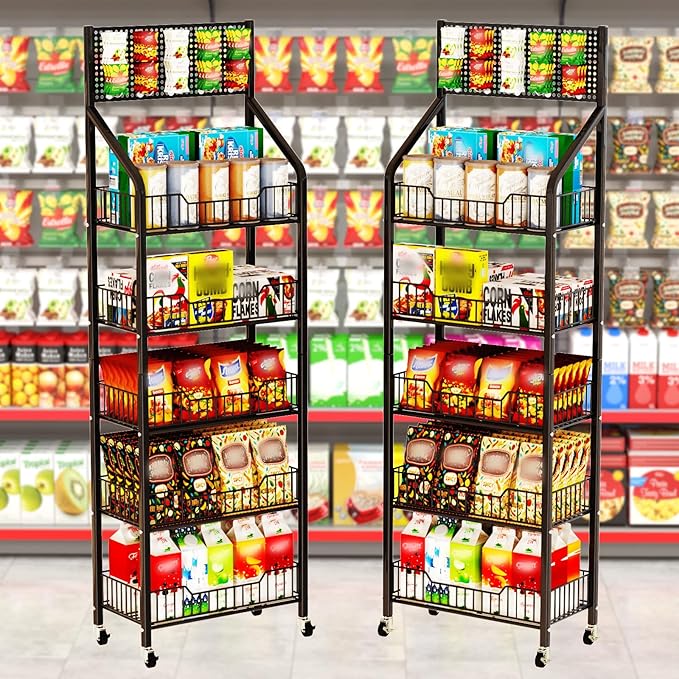 Snack Rack Display Stand, 5 Tier Metal Retail Candy Display Rack with Wheels, Removable Bread Organizer Stand with 10 Hooks, Snack Organizer for Stores, Living Room, Kitchen, Office (Black)