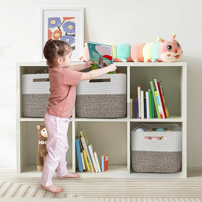 Shelf Woven Storage Basket, 15 x 10 x 9” Closet Rope Baskets For Organizing, Square Bins with Handles, White+Dark brown