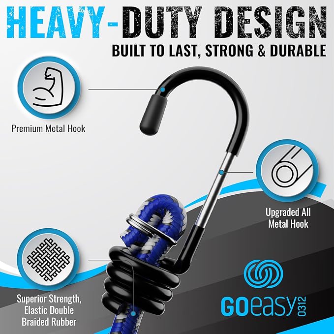 GOEASY0312 Premium Bungee Cords Heavy Duty - 20 pcs Bungee Cords with Hooks in A Storage Jar Includes 10", 18", 24", 30", 36", 48" Bungie Cord Bundle
