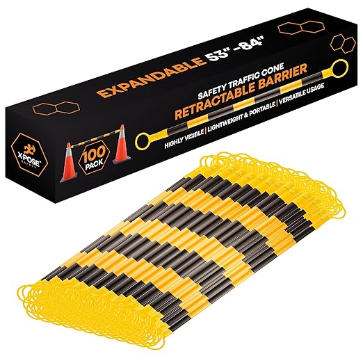 Retractable Barrier for Safety Traffic Cones - 2" OD - Large Yellow and Black Bar Barricade - for Road Construction, Parking, Warning, Temporary Security Divider (100, Yellow & Black, 53" x 84")