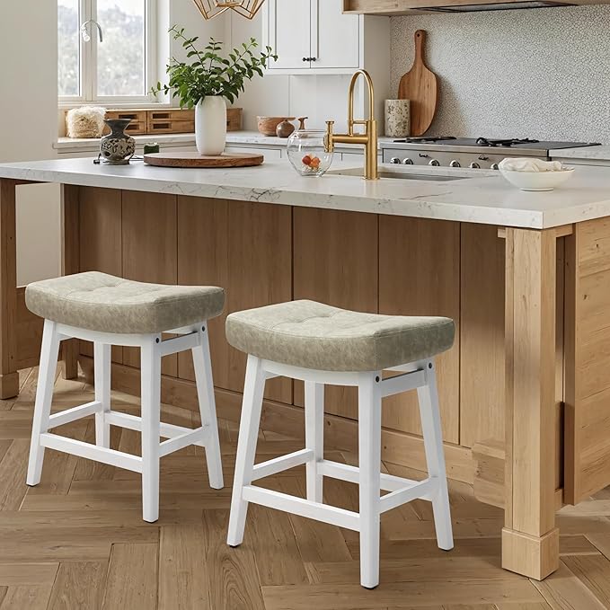 Counter Height Bar Stool Kitchen Counter Modern Backless Barstool with Upholstered Faux Leather Seat and Solid Wood Leg Farmhouse 24 inch Bar Chair, Light Grey + White, 1pc