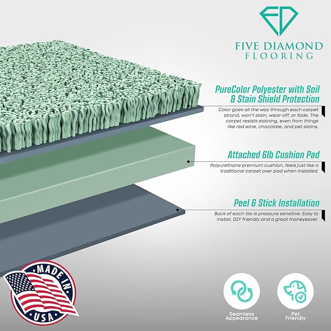 Feather Peel and Stick Carpet Tiles, Attached Cushion, Easy DIY Install, Soft Residential Carpet, American Made, Seamless Appearance, Plush (10 Tiles - 22.5 Square Feet) (Dovetail, 18x18)