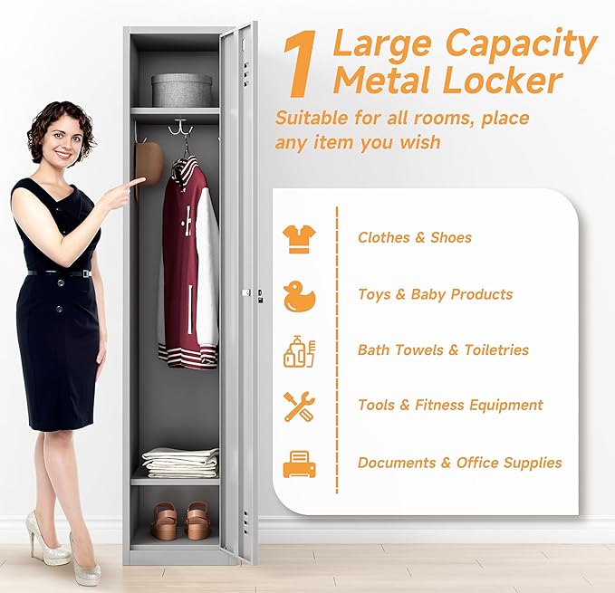 Bestoo Metal Locker,71" Storage Cabinet with 1 Lockable Door and Hooks, Tall Freestanding Wardrobe for Employees, Gym, School, Home and Office (Gray)