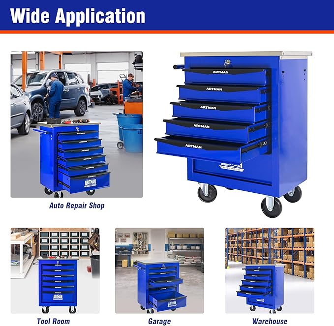 6 Drawers Tool Cart on Wheels with Stainless Steel Worktop, Heavy Duty Mobile Rolling Drawer Tool Chest with Locking Wheels & Lockable Drawers, Garage Tool Storage Cabinet (Blue, 6 Drawers)
