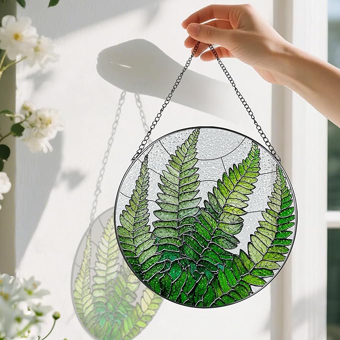 8-Inch Stained Glass Ornament, Stained Glass Window Hanging, Window Hanging Decor Suncatcher, Fern Plant Ornament | Christmas, Mother's Day, Birthday | Gifts for Mom, Grandma Gifts, Plant Lover Gift