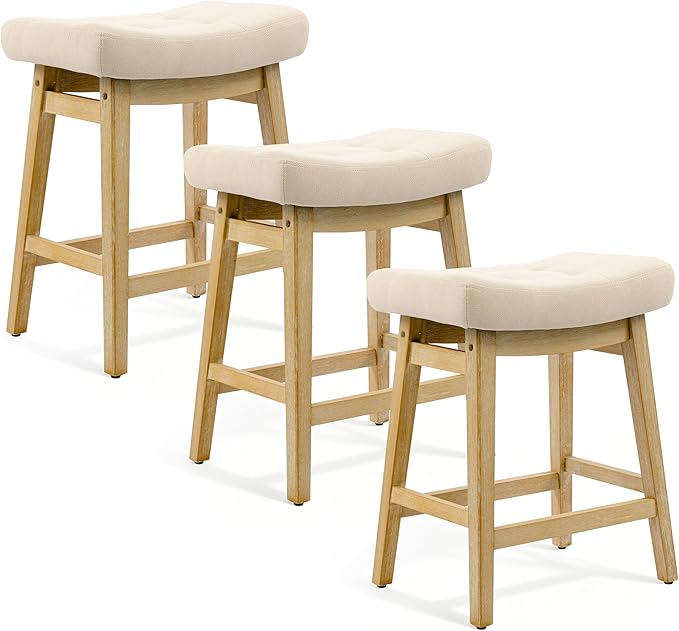 Counter Height Bar Stools Set of 3 for Kitchen Counter, Backless Farmhouse Kitchen Island Barstools with Upholstered Fabric Saddle Seat and Solid Wood Legs Modern 24 inch Bar Chairs, Khaki