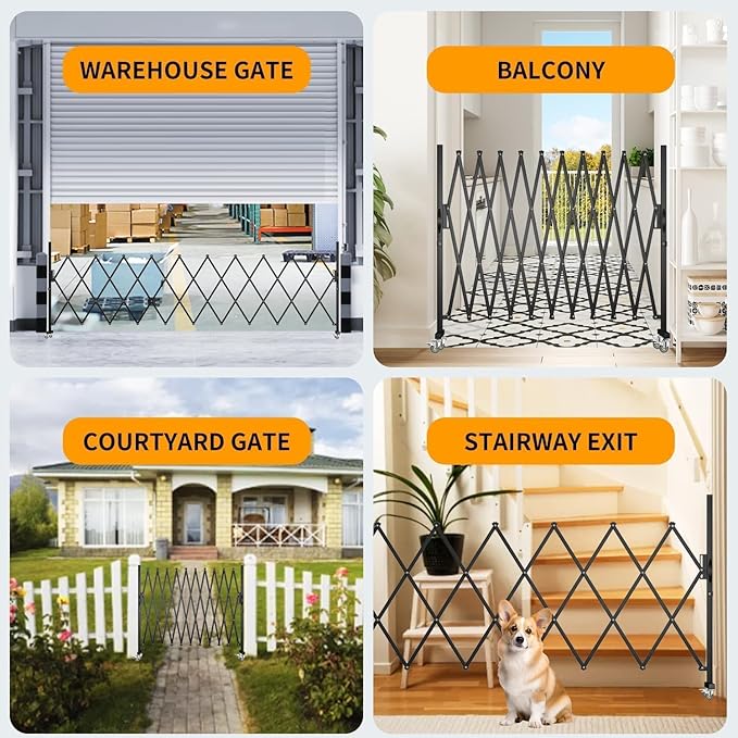 Expandable Barricade Gate,129” Safety Metal Dog Gate with Casters,Accordion Garden Yard Indoor Outdoor Retractable Fence Folding Security Dog Gates Wall Mount,Black