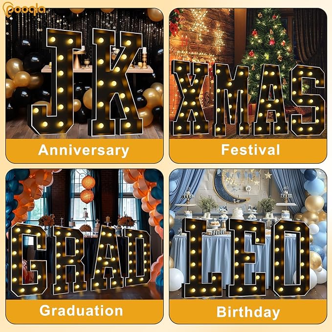Pooqla 4 FT Marquee Light Up Letters, Black Marquee Letter Lights 4 Feet Tall for Birthday Decoration, Big Mosaic Letters Sign for Balloons Party Anniversary Wedding Decorations, Giant Warm White X