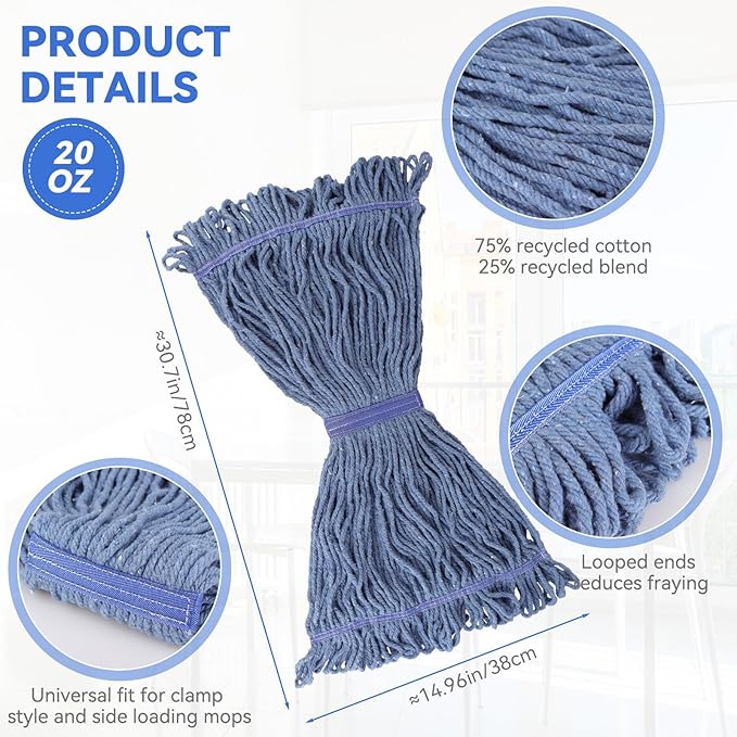 Commercial Heavy Duty Mop Heads Replacement for Rubbermaid: 6 Packs 20oz Industrial Wet Mop Head for Floor Cleaning - Commercial Products Looped End String Head Refills