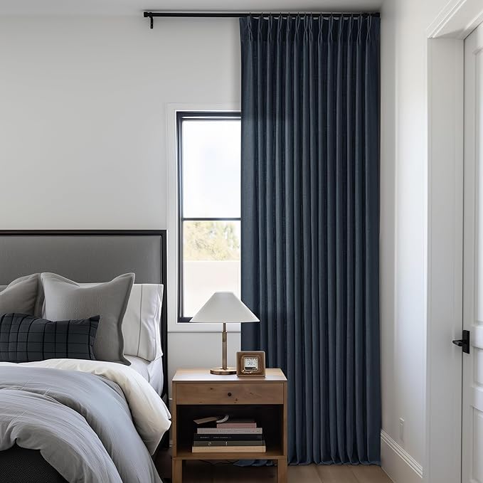 Navy Linen Pinch Pleated Curtains 108 Inches Long 2 Panels for Living Room Bedroom Light Filtering Drapes 108 Inch Length Dark Blue Indigo Semi Sheer Memory Shape Trained Ceiling Floor Curtain