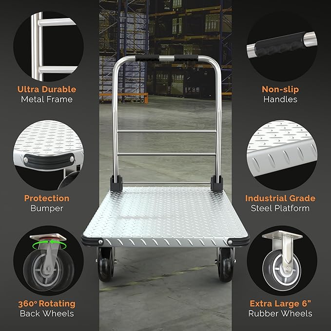 2200 lbs. Capacity Foldable Push Cart Dolly | Moving Platform Hand Truck | Heavy Duty Space Saving Collapsible | Swivel Flat Bed Wagon - Furniture Luggage Lifting