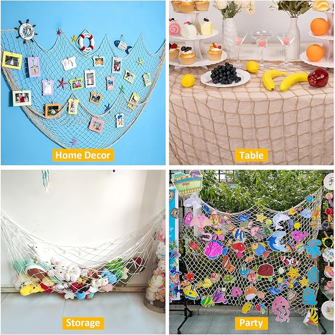 2 Pcs Fish Net Decorations, 39x78 Inch Cotton Nautical Themed Fishing Net, Wall Hanging Photo Display Fishnet for Coastal Bedroom Bathroom, Pirate Hawaiian Beach Under The Sea Party Decor,Linen Color