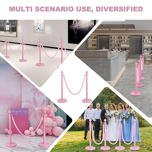 4 Pack Pink Stanchion Post, 5 ft Red Velvet Rope Pink Carpet Ropes and Poles, Stainless Steel Stanchions for Grand Opening Casino Theme Party Decorations Crowd Control Barriers