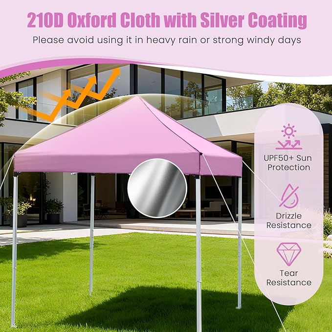 Tangkula 6.5x6.5 FT Pop Up Canopy, UPF50+ Outdoor Canopy Tent with 2 Removable Sidewalls, 2 Zippered Doors, Heavy-Duty Carbon Steel Frame, Wheeled Bag, 4 Sandbags, 8 Stakes, 4 Wind Ropes (Pink)