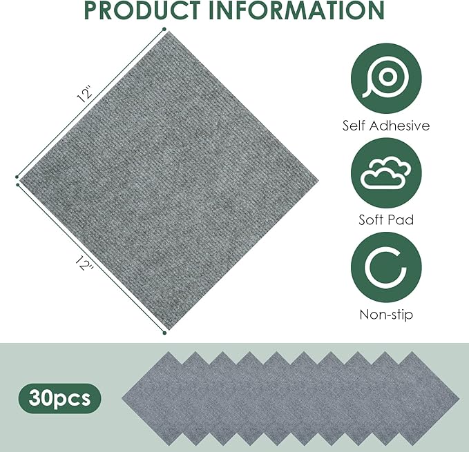 30 Pack Carpet Tile - 12” X 12” Self Adhesive Carpet Floor Tiles Anti-Slip Squares Peel and Stick Floor Tile DIY Installation for Bedroom (Light Gray)