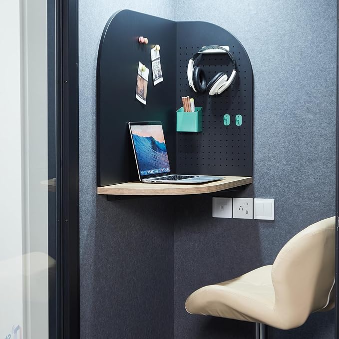 Office Pod, Mobile Office Pod Booth, Solo Soundproof Booth with Acoustic Panels, Sound Pod Silent Ventilation, Wheels and Feet, Privacy pod, Built-in Table, LED Lighting, AC, USB Ports - Black