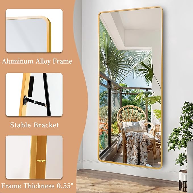 Full Length Mirror with Stand, 71"x31" Floor Mirror, Aluminum Alloy Gold Thin Frame - Freestanding/Leaning/Wall Mount for Bedroom, Living Room & Entryway (Gold)