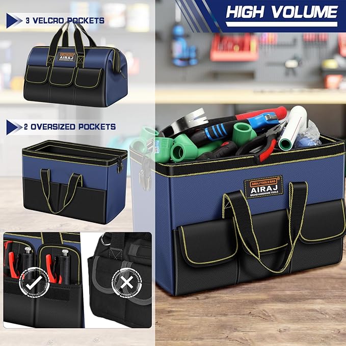 Tool Bag 2-Pack Set | AIRAJ 18" & 16" Portable Tool Storage Bag | Wide Mouth Tool Bags for Men and Women | Small Tool Tote | Tool Organizer for Home Repairs,Garage Storage,Professional Work | Tool Box