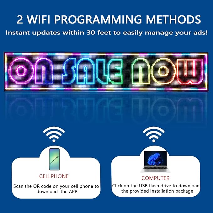 HS ProgrammableLed Sign , Outdoor Digital Scrolling Open Neon Signs, Electronic Message Display Screen Banner Board Large Waterproof for Business Store Advertising Window Public , Full Color High Brightness P10 77’’x14’’, WIFI control Custom Text