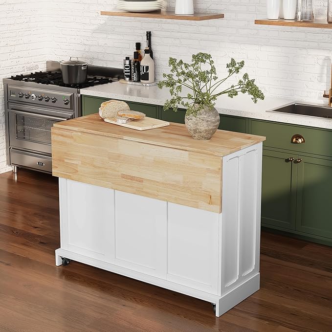 HLR Kitchen Island Cart with Storage, Carved Doors Modern Rolling Islands with Drop Leaf, Sideboard Buffet Cabinet on Wheels, Bar Table for Kitchen, Dining Room (White)