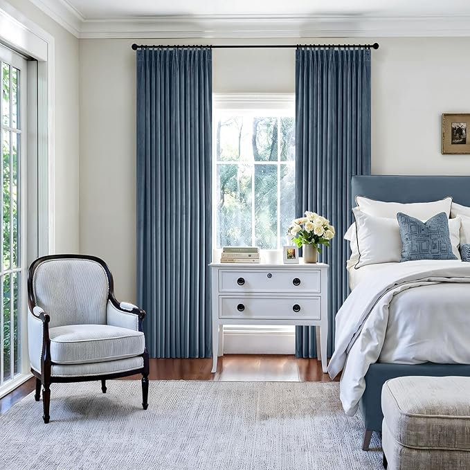 MIULEE Stone Blue Velvet Curtains 96 inches Long, Pinch Pleated Blackout Drapes with Hooks, Thermal Insulated Pinch Pleat Panels for Bedroom Living Room, 2 Panels
