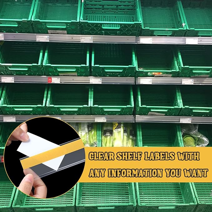 Fainne 100 Pcs Shelf Label Strips 1.5''H x 48 L Self Adhesive Shelf Label Holder Gondola Price Tag Stick on Plastic Clear Ticket Channel for Metal Wood Plastic Rack