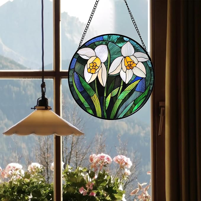 Stained Glass Window Hanging - White Snowdrops Birth Flowers Suncatcher for Doors Garden Patio Sun Catchers Decor Christmas Mother's Day Birthday Gifts for Women Men Mom Nana Friend 6.3 in